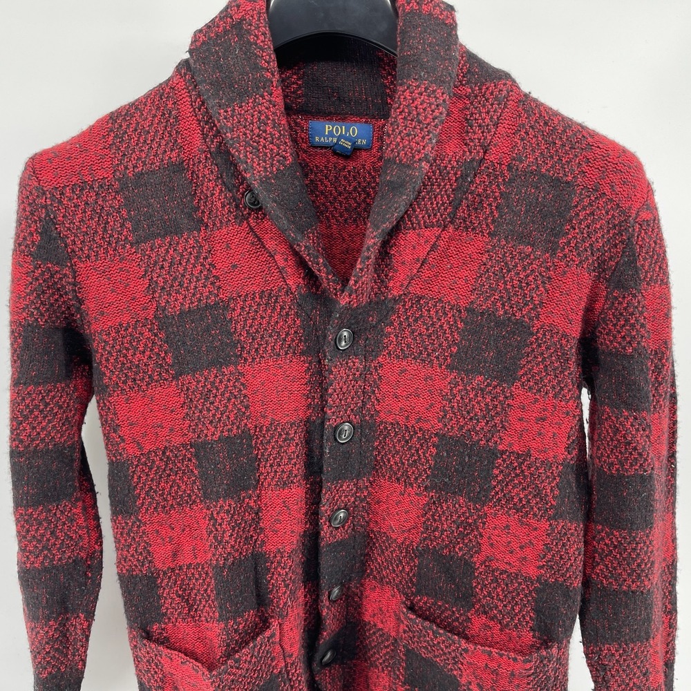 Polo Ralph Lauren Cardigan Sweater Jacket Boys XL‎ Buffalo Plaid Shawl Collar